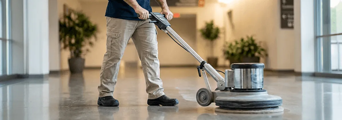 Professional technician using an industrial floor buffer to polish and maintain shiny commercial flooring in a corporate hallway in Columbia, SC.