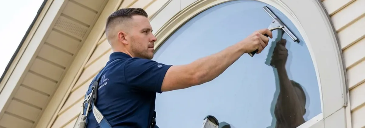 Professional window cleaner using a squeegee to clean an exterior arched window on a home, Columbia, SC.